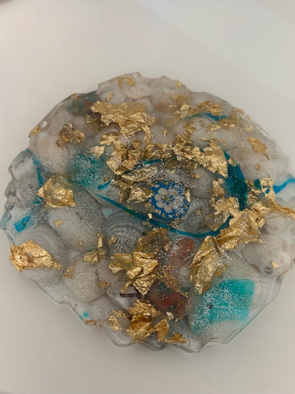 Handcrafted Gold Leaf Resin Home Accent in Teal and White